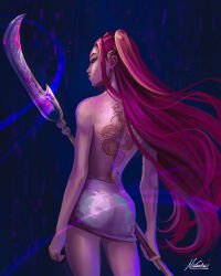 1girl absurdres back back_tattoo backless_dress backless_outfit closed_mouth commentary cowboy_shot dress english_commentary floating_hair highres holding holding_weapon kpop_demon_hunters long_hair mira_(kpop_demon_hunters) nikola_(nikkotari) pink_hair short_dress sidelocks signature solo tattoo twintails weapon 