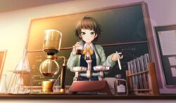  1girl alcohol_burner balance_scale beaker black_cardigan black_hair bulletin_board cardigan chalkboard cinderella_series closed_mouth coat coffee collared_shirt diagonal_bangs erlenmeyer_flask film_grain flask game_cg green_coat green_eyes grey_skirt hachigatsu_no_cinderella_nine highres holding holding_beaker holding_test_tube indoors laboratory lens_flare light_particles lihua_lin long_hair long_sleeves low_twintails mole mole_under_mouth neck_ribbon non-web_source official_art open_clothes open_coat plaid_clothes plaid_skirt pleated_skirt ribbon satogahama_school_uniform school_uniform shirt skirt smile solo standing steam test_tube test_tube_rack twintails weighing_scale white_shirt yellow_ribbon 