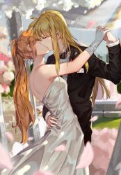 2girls absurdres alternate_costume back bare_shoulders black_bow blonde_hair blurry bow bowtie breasts bride brown_hair closed_eyes commentary_request couple depth_of_field dress fate_testarossa female_focus flower formal_clothes garden gloves high_ponytail highres holding_hands hug interlocked_fingers kiss long_hair long_sleeves lyrical_nanoha magical_girl mahou_shoujo_lyrical_nanoha mahou_shoujo_lyrical_nanoha_a&#039;s mahou_shoujo_lyrical_nanoha_strikers multiple_girls orange_hair outdoors petals ponytail side_ponytail sidelocks small_breasts strapless strapless_dress suit takamachi_nanoha tuxedo very_long_hair wedding wedding_dress wife_and_wife xiao_lu yuri rating:Sensitive score:31 user:danbooru