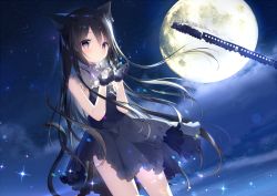 1girl animal_ear_fluff animal_ears black_dress black_gloves black_hair blush cat_ears cat_girl cat_tail closed_mouth cloud commentary_request dress dutch_angle frilled_dress frills full_moon gloves grey_eyes hair_between_eyes hands_up long_hair looking_at_viewer moon night night_sky original outdoors shiratama_(shiratamaco) sky sleeveless sleeveless_dress solo standing tail train very_long_hair rating:Sensitive score:9 user:danbooru
