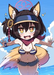  +_+ 1girl absurdres animal_ear_fluff animal_ears average-hanzo bare_shoulders bikini black_hair blue_archive blue_sky blush breasts breasts_apart cloud commentary cowboy_shot day denim denim_shorts english_commentary fang flower fox_ears fox_girl fox_tail hair_flower hair_ornament halo highres izuna_(blue_archive) izuna_(swimsuit)_(blue_archive) looking_at_viewer medium_breasts navel ocean official_alternate_costume open_fly open_mouth orange_eyes outdoors outstretched_arms panty_straps red_scarf scarf short_hair short_shorts shorts skin_fang sky smile solo spread_arms star_(symbol) striped_bikini striped_clothes sunflower sunflower_hair_ornament swimsuit tail variant_set visor_cap water wet  rating:Sensitive score:13 user:danbooru