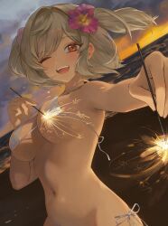  1girl ;d absurdres beach bikini breasts burnice_white evening fireworks flower grey_hair hair_flower hair_ornament highres holding holding_fireworks large_breasts looking_at_viewer malsuk micro_bikini navel ocean one_eye_closed open_mouth outdoors pink_flower red_eyes sand smile solo sparkler swimsuit twilight white_bikini zenless_zone_zero 