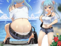 1girl ass belt black_bra blue_eyes blue_hair blush bra breasts butt_crack denim denim_shorts ear_piercing hair_ornament hair_scrunchie highres long_hair looking_at_viewer magia_record:_mahou_shoujo_madoka_magica_gaiden mahou_shoujo_madoka_magica medium_breasts medium_hair midriff minami_rena multiple_views navel off_shoulder open_mouth panties piercing pikuru pink_scrunchie scrunchie shirt shorts squatting swimsuit two_side_up underwear v white_panties white_shirt rating:Sensitive score:70 user:danbooru