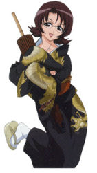  00s brown_hair glasses ikkitousen japanese_clothes kimono lowres open_mouth purple_eyes sandals simple_background smile socks sonsaku_goei white_legwear yukata  rating:Sensitive score:5 user:shadowedone