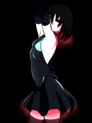  1girl armpits arms_up backless_dress backless_outfit bare_shoulders black_background black_bow black_dress black_eyes black_gloves black_hair black_thighhighs bob_cut bow breasts bright_pupils colored_inner_hair commentary covering_own_mouth cowboy_shot dress dress_bow elbow_gloves empty_eyes frilled_dress frills from_side gloves glowing hair_between_eyes halter_dress halterneck highres monogatari_(series) multicolored_hair narrowed_eyes oshino_ougi pale_skin red_aura red_hair ribs short_dress short_hair sideboob simple_background small_breasts solo thighhighs veko_draw_friendo white_pupils 
