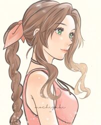  aerith_gainsborough artist_name braid braided_ponytail breasts brown_hair choker dress final_fantasy final_fantasy_vii final_fantasy_vii_rebirth final_fantasy_vii_remake green_eyes hair_ribbon highres light_smile medium_breasts omochi_daisuki parted_bangs parted_lips pink_dress pink_ribbon ribbon sidelocks single_braid sleeveless sleeveless_dress sundress upper_body 