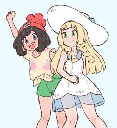  2girls :d arm_up beachepisode black_hair blonde_hair blue_background braid clenched_hand closed_mouth commentary dress eyelashes green_eyes green_shorts hat highres lillie_(pokemon) long_hair looking_at_viewer looking_to_the_side multiple_girls nintendo open_mouth pokemon pokemon_sm purple_eyes red_hat selene_(pokemon) shirt short_hair short_shorts short_sleeves shorts sleeveless sleeveless_dress smile symbol-only_commentary teeth twin_braids upper_teeth_only white_dress white_hat yellow_shirt  rating:General score:5 user:danbooru