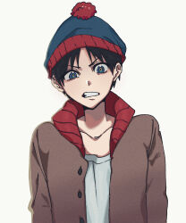  1boy absurdres animification beanie black_hair blue_eyes clenched_teeth commentary_request hat highres jacket junjun_999 looking_at_viewer male_focus open_clothes open_jacket pom_pom_(clothes) pom_pom_beanie short_hair solo south_park stan_marsh teeth upper_body v-shaped_eyebrows 