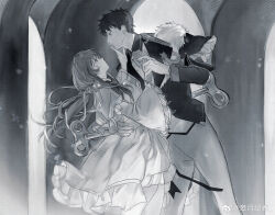  1boy 1girl aristocratic_clothes blue_tunic blush breasts brown_hair cape circlet closed_mouth couple cross cross_print dress emiya_shirou epaulettes fate/stay_night fate_(series) feather_collar feather_trim gem gold_circlet hair_ornament hetero highres holding_hands igote interlocked_fingers long_hair long_sleeves looking_at_viewer momomiya_shizuku_(gaoyue_jixiang) non-web_source oc_x_canon open_mouth orange_cape orange_gemstone orange_hair prince princess red_hair smile tunic whwhite_dres 