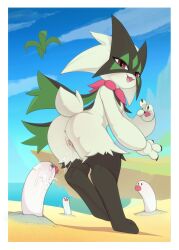 1girl @_@ absurdres after_vaginal anus beach bestiality blue_sky border cloud commentary day fangs furry furry_female green_fur highres kekitopu leaf looking_back mask meowscarada nintendo open_mouth outdoors pink_eyes pokemon pokemon_(creature) pussy pussy_juice sand shadow sky slit_pupils smile standing tongue white_border wiglett 