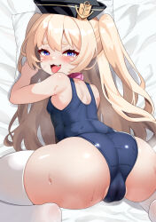  1girl :d absurdres all_fours anchor_hat_ornament ass azur_lane bache_(azur_lane) bare_shoulders bent_over blonde_hair blue_one-piece_swimsuit blush breasts cameltoe collar fang from_above from_behind hair_between_eyes half-closed_eyes hands_up hat hat_ornament highres igarashi_gozo kneeling kyojiri_loli legs_folded loli long_hair looking_at_viewer looking_back naughty_face on_bed one-piece_swimsuit open_mouth pear-shaped_figure purple_eyes skin_tight skindentation small_breasts smile solo spread_legs swimsuit thighhighs thighs top-down_bottom-up very_long_hair  rating:Questionable score:324 user:danbooru