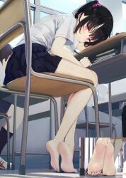 1boy 2girls :o barefoot black_hair blue_skirt book chair classroom commentary_request commission desk feet from_below hair_bobbles hair_ornament holding holding_pencil kamizaki_hibana looking_at_viewer miniskirt multiple_girls on_chair one_side_up original parted_lips pencil pink_eyes pixiv_commission pleated_skirt school_chair school_desk school_uniform shirt short_sleeves sitting skirt soles solo_focus white_shirt rating:Sensitive score:114 user:danbooru