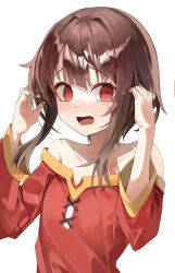  1girl @_@ absurdres bare_shoulders blunt_bangs blush brown_hair bsm_(tcsv2827) collarbone commentary dress hair_intakes hands_up highres kono_subarashii_sekai_ni_shukufuku_wo! long_sleeves looking_at_viewer megumin no_headwear open_mouth red_dress red_eyes short_hair_with_long_locks simple_background solo tearing_up tears upper_body white_background wide_sleeves 