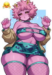 1girl absurdres areola_slip ashido_mina black_sclera boku_no_hero_academia bracelet breasts choker colored_sclera colored_skin earrings emoji fingernails fishnet_thighhighs fishnets gyaru highleg highleg_panties highres hoop_earrings horns jacket jewelry large_breasts lips long_fingernails melonpuff messy_hair miniskirt navel open_clothes open_jacket panties panty_peek pink_hair pink_nails pink_skin puff_melon revealing_clothes short_hair skirt solo standing strapless thick_thighs thighhighs thighs tube_top underboob underwear upskirt whale_tail_(clothing) white_background wide_hips yellow_eyes rating:Questionable score:87 user:Odrum2