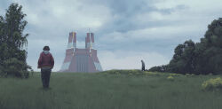  2boys absurdres architecture black_hair black_pants cloud cloudy_sky day denim facing_away field from_behind grass highres jacket jeans long_sleeves multiple_boys nature outdoors pants plant science_fiction simon_stalenhag sky standing swedish_machines track_jacket tree walking 