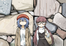  2girls absurdres bag beret blue_hair blush_stickers brown_eyes closed_eyes closed_mouth commentary_request cowboy_shot glasses guest_art hat highres jacket looking_at_viewer low_twintails multiple_girls open_clothes open_jacket outdoors pink_hair shirt short_hair smile suzugamori_chika tote_bag tsukumizu_yuu twintails unoki_yui white_shirt zatsu_tabi 