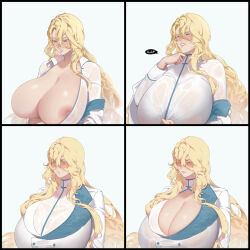  1girl absurdres bleach bleach:_sennen_kessen-hen blonde_hair breasts cleavage coat genderswap genderswap_(mtf) gigantic_breasts green_eyes hair_between_eyes highres inconvenient_breasts jugram_haschwalth large_areolae long_hair no_bra puffy_nipples simple_background solo struggling sweat upper_body wet wet_clothes white_background white_coat ze_(k4onozeda04) zipping  rating:Sensitive score:63 user:animeboy12