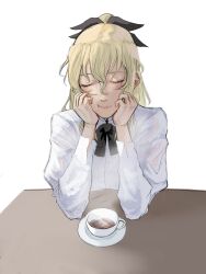  1girl :t absurdres black_bow blonde_hair bow bowtie commentary commission cup curly_hair elbow_rest english_commentary hair_between_eyes hair_bow half-closed_eyes hands_on_own_chin head_rest highres katawa_shoujo nonsense_(dcrn4428) ponytail satou_lilly saucer school_uniform shirt solo steam tea teacup white_background white_shirt yamaku_high_school_uniform 