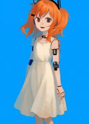  1girl a.i._voice abimaru087 adachi_rei alternate_costume android arms_at_sides blue_background dress feet_out_of_frame flat_chest floating_hair hair_between_eyes hair_ornament hairclip hashtag-only_commentary headlamp headphones highres looking_at_viewer medium_dress open_mouth orange_hair radio_antenna sleeveless sleeveless_dress solo utau white_dress 