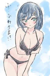  1girl absurdres bare_arms bikini black_bikini blue_hair blush breasts cleavage collarbone cowboy_shot delicious_party_precure frilled_bikini frills front-tie_bikini_top front-tie_top fuwa_kokone green_eyes hair_ornament hairclip halterneck highres hiragizaka_aoi leaning_forward long_hair looking_at_viewer medium_breasts navel precure side-tie_bikini_bottom sketch standing swimsuit thigh_gap 