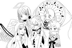  5girls abutomato akemi_homura aki_mabayu akuma_homura angel_wings bags_under_eyes bald bare_shoulders beret blunt_bangs blunt_ends bow bow_hairband bowtie capelet center_opening clenched_hand covered_navel cowboy_shot cross-laced_clothes cross-laced_dress detached_collar detached_sleeves diamond_hair_ornament dress eyelashes feathered_wings flustered fringe_trim fur_scarf furrowed_brow gloom_(expression) hair_ornament hairband hairclip halo hand_on_own_cheek hand_on_own_face hat high_collar horns long_hair long_sleeves looking_at_another magia_record:_mahou_shoujo_madoka_magica_gaiden magical_girl mahou_shoujo_madoka_magica mahou_shoujo_madoka_magica:_hangyaku_no_monogatari messy_hair mini_hat monster multiple_girls nanami_yachiyo nanami_yachiyo_(historia_ver.) nervous_smile nervous_sweating official_style open_clothes open_dress open_mouth rectangular_halo shi_(madoka_magica) short_hair side_slit simple_background single_horn skirt sleeveless sleeveless_dress smile stitched_face stitches straight_hair strapless strapless_dress sweat tank_top very_long_hair white_background wings wrist_cuffs yu_(madoka_magica) 