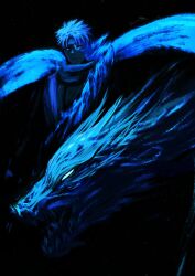  1boy absurdres bleach bleach:_sennen_kessen-hen blue_eyes braid crain1art daiguren_hyourinmaru_(bankai) front_braid highres hitsugaya_toushirou ice ice_dragon male_focus multicolored_eyes red_eyes solo spiked_hair two-tone_eyes 
