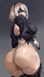  1girl 2b_(nier:automata) ashiomi_masato ass ass_focus backless_leotard black_hairband blindfold breasts commentary_request covered_eyes curvy feather-trimmed_sleeves from_behind grey_background grey_hair hairband highleg highleg_leotard highres huge_ass large_breasts leotard mole mole_under_mouth nier:automata nier_(series) parted_lips puffy_sleeves revealing_clothes shade shiny_skin short_hair signature solo teeth thong_leotard turning_head twitter_username white_leotard  rating:Questionable score:10 user:danbooru