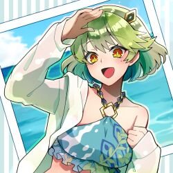  1girl aqua_hair arms_up bikini breasts cloud cloudy_sky colored_inner_hair dragon_musume_ni_naritakunai! duel_masters green_hair hair_ornament hairclip highres jacket jacket_over_swimsuit looking_at_viewer medium_hair mole mole_under_eye multicolored_hair nagareboshi_asche off-shoulder_bikini off_shoulder open_mouth outside_border polaroid_photo print_swimsuit salute sky smile solo striped_background swimsuit tm11056 upper_body yellow_eyes 