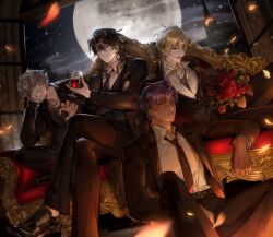  4boys :/ :d alcohol belt belt_buckle black_belt black_hair black_jacket black_necktie black_pants black_shoes black_suit blonde_hair bouquet buckle closed_mouth collared_shirt couch crew_neck crossed_bangs crossed_legs cup cupping_glass dark-skinned_male dark_skin drinking_glass earrings ensemble_stars! falling_petals feet_out_of_frame figure_four_sitting flower foot_out_of_frame formal_clothes full_moon glint grey_eyes grey_hair grey_shirt grey_undershirt grin hair_between_eyes hakaze_kaoru highres holding holding_bouquet holding_cup jacket jewelry knee_up korean_commentary long_sleeves looking_at_viewer male_focus medium_hair moon multiple_boys necklace necktie night ogami_koga on_couch on_floor open_clothes open_collar open_jacket open_mouth open_window otogari_adonis oxfords pants panza petals purple_hair red_eyes red_flower red_rose ring rose sakuma_rei_(ensemble_stars!) shirt shoes short_hair sitting smile stud_earrings suit suit_jacket undead_(ensemble_stars!) undershirt v-shaped_eyebrows white_shirt window wine wine_glass yellow_eyes 
