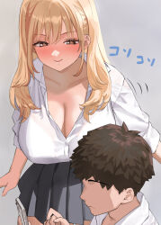  1boy 1girl blonde_hair bra_visible_through_clothes breasts brown_hair cellphone cleavage commentary_request grey_background holding holding_phone kaisen_chuui large_breasts long_hair looking_at_another original phone school_uniform shirt short_hair smile white_shirt 