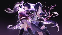  2girls absurdres acheron_(honkai:_star_rail) black_shorts breasts chain chain_around_arm commentary_request commission company_connection crossover derori drawing_sword electricity genshin_impact hair_ornament highres holding holding_sword holding_weapon honkai:_star_rail honkai_(series) human_scabbard japanese_clothes kimono long_hair look-alike looking_at_viewer low-braided_long_hair low-tied_long_hair medium_breasts mihoyo mole mole_under_eye multiple_girls parted_lips partial_commentary purple_eyes purple_hair purple_kimono raiden_shogun red_sash sash sawashiro_miyuki shorts single_bare_shoulder sword thighs very_long_hair voice_actor_connection weapon 
