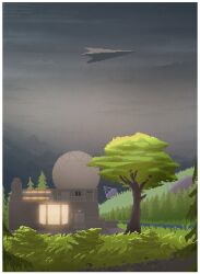  absurdres artist_name border building cloud cloudy_sky ederney graffiti grey_sky highres landscape leaf mountainous_horizon outside_border pixel_art river satellite_dish scenery sky spacecraft tree voices_of_the_void white_border 