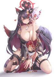  1girl absurdres animal_ear_fluff bare_shoulders black_hair black_kimono black_thighhighs blue_archive breasts cleavage closed_mouth colored_inner_hair floral_print fox_girl fox_mask fox_tail heart heart-shaped_pupils highres holding holding_mask japanese_clothes kimono kneeling large_breasts looking_at_viewer mask multicolored_hair ningzi_(hentai_senpai) red_hair smile solo symbol-shaped_pupils tail thigh_strap thighhighs torn_clothes torn_thighhighs two-tone_hair wakamo_(blue_archive) yellow_eyes 