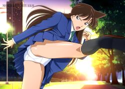 1girl artist_name ass black_socks blazer blue_eyes blue_jacket blue_skirt brown_hair green_necktie high_kick highres jacket kicking kneehighs lamppost long_hair long_sleeves looking_at_viewer meitantei_conan miniskirt moemaru_miyako mouri_ran necktie open_mouth outdoors panties pantyshot pleated_skirt school_uniform shirt shoes skirt socks solo standing thighs tree underwear upskirt watermark white_panties white_shirt