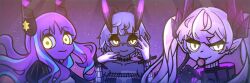  3girls bare_shoulders candy caren_hortensia caren_hortensia_(amor_caren) caren_hortensia_(amor_caren)_(third_ascension) closed_mouth colored_skin commentary deformed demon_girl demon_horns fate/grand_order fate_(series) food glasses glowing glowing_eyes grey_skin holding holding_candy holding_food holding_lollipop horns jacques_de_molay_(foreigner)_(fate) jacques_de_molay_(foreigner)_(third_ascension)_(fate) lilith_(fate) lilith_(second_ascension)_(fate) lollipop long_hair looking_at_viewer multiple_girls rairai100 seductive_smile short_hair smile space trait_connection twintails yellow_eyes 