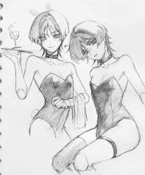  1boy animal_ears arm_at_side armpit_crease art_tools_in_frame bare_shoulders belt_collar bishounen blunt_ends bulge closed_mouth collar collarbone crossdressing crossdressing_(mtf) doll_joints empty_eyes genshin_impact glass graphite_(medium) greyscale hacwss hand_up hatching_(texture) head_tilt heart highleg highleg_leotard highres joints leotard linear_hatching looking_at_viewer male_focus male_playboy_bunny monochrome multiple_views pectoral_cleavage pectorals rabbit_tail saucer scaramouche_(genshin_impact) sketch skindentation smile solo strapless strapless_leotard tail thigh_strap towel traditional_media tsurime white_background wispy_bangs wrist_cuffs 