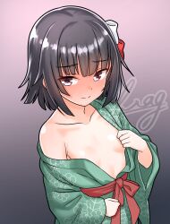  1girl alternate_costume black_hair blush breasts closed_mouth commentary_request furaggu_(frag_0416) green_kimono hair_ribbon highres ishigaki_(kancolle) japanese_clothes kantai_collection kimono looking_at_viewer open_clothes open_kimono purple_eyes red_ribbon ribbon short_hair simple_background small_breasts smile solo upper_body watermark white_ribbon 