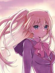  1girl backlighting black_jacket blonde_hair blue_eyes blurry blush bow closed_mouth commentary_request crying crying_with_eyes_open depth_of_field eyelashes floating_hair hair_between_eyes hair_ribbon highres jacket little_busters! little_busters!_school_uniform long_hair long_sleeves looking_at_viewer low-tied_long_hair pink_bow piyo_(kinkooo333) raised_eyebrows ribbon sad_smile school_uniform simple_background smile solo split_mouth tears tokido_saya twitter_username two_side_up upper_body very_long_hair white_ribbon 