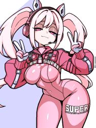  1girl alice_(nikke) animal_ear_headphones animal_ears bodysuit breasts commentary_request covered_navel double-parted_bangs double_v fake_animal_ears gloves goddess_of_victory:_nikke hair_between_eyes headphones ji_heeeeeee korean_commentary long_hair looking_at_viewer narrowed_eyes pink_bodysuit pink_eyes pink_hair pink_shrug sidelocks skin_tight solo twintails two-tone_gloves v 