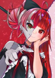  2girls absurdres black_bow black_dress black_nails bow chankuro colored_skin dress dual_persona fang gradient_eyes green_eyes grey_hair grey_skin hair_bow hair_bun hand_on_own_cheek hand_on_own_face highres hololive hololive_indonesia kureiji_ollie kureiji_ollie_(1st_costume) long_hair multicolored_eyes multicolored_hair multiple_girls olivia_(kureiji_ollie) pink_hair red_bow red_eyes red_hair single_hair_bun skin_fang smile solo_focus split_theme virtual_youtuber zombie 