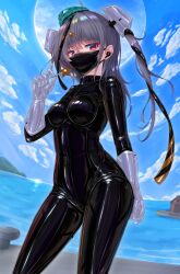  1girl alternate_costume aqua_hat black_bodysuit black_ribbon blue_sky bodysuit breasts candy day food garrison_cap gloves grey_hair hair_ornament hat headgear highres holding holding_candy holding_food kantai_collection latex latex_bodysuit lollipop long_hair mask medium_breasts mouth_mask ocean outdoors red_eyes ribbon riretsuto scamp_(kancolle) shiny_clothes skin_tight sky solo standing star_(symbol) star_hair_ornament very_long_hair white_gloves 