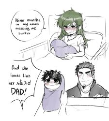  1girl 2boys 2koma after_birth and_he_looks_like_his_stupid_dad_(meme) baby bed black_hair blush comic english facial_hair father_and_son green_hair hetero hospital_bed if_they_mated igarashi_futaba intravenous_drip meme mother_and_son multiple_boys panqlao senpai_ga_uzai_kouhai_no_hanashi sleeping stubble takeda_harumi  rating:General score:46 user:Anti_Gendou