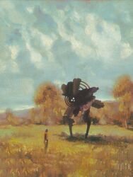  1boy 1other blue_sky cloud cloudy_sky dark-skinned_male dark_skin dkaism grass holding looking_at_object machine mountainous_horizon orange_shirt original painterly shadow shirt size_difference sky tree wire 