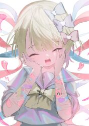  1girl absurdres bandaid bandaid_on_arm blonde_hair blue_bow blue_hair bow chouzetsusaikawa_tenshi-chan closed_eyes hair_bow hair_ornament hands_on_own_face heart heart_hair_ornament highres holographic_clothing mika3kami multicolored_hair multiple_hair_bows needy_girl_overdose open_mouth pin pink_bow pink_hair purple_bow purple_hair self-harm_scar simple_background solo solo_focus sticker twintails white_background yellow_bow 