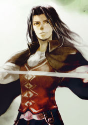  1boy black_hair brown_eyes cape dunban_(xenoblade) facial_hair hyp_toron long_hair male_focus nintendo solo stubble sword weapon xenoblade_chronicles_1 xenoblade_chronicles_(series)  rating:Sensitive score:9 user:danbooru