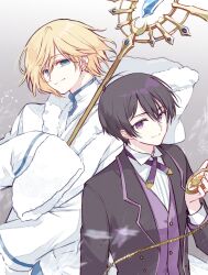  2boys black_hair black_jacket blonde_hair blue_eyes blue_gemstone cardcaptor_sakura cardcaptor_sakura_clear_card_arc closed_mouth coat creator_connection cross_tie fai_d._flowright fur-trimmed_coat fur-trimmed_sleeves fur_trim gem grey_background hair_between_eyes highres holding holding_pocket_watch holding_staff hood hood_down hooded_coat in-franchise_crossover jacket kurabayashi long_sleeves looking_at_viewer male_focus multiple_boys name_connection pocket_watch purple_eyes purple_vest shirt short_hair sideways_glance simple_background sleeves_past_fingers sleeves_past_wrists smile staff suit_jacket three_quarter_view tsubasa_chronicle tuxedo_shirt upper_body vest watch white_coat white_shirt yuna_d_kaito 