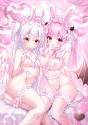  2girls angel_wings animal_ears ass balloon bare_shoulders blush bra breasts choker cleavage covered_erect_nipples demon_girl demon_tail demon_wings fake_animal_ears fishnet_thighhighs fishnets frills garter_belt garter_straps hair_ornament headdress heart_balloon heart_pasties highres large_breasts long_hair looking_at_viewer multiple_girls nakato_misa navel original pasties pink_bra pink_eyes pink_hair pinkpink2025 rabbit_ears sitting small_breasts smile stomach tail thighhighs thighs tongue tongue_out underwear white_hair wings 