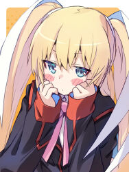  1girl akayama_yukihe black_jacket blonde_hair blue_eyes blush_stickers border bow bowtie clenched_hands closed_mouth commentary_request frown hair_between_eyes hair_ribbon hands_up highres jacket jitome little_busters! little_busters!_school_uniform long_hair long_ribbon looking_at_viewer orange_background outside_border pink_bow pink_bowtie ribbon school_uniform simple_background sleeves_past_wrists solo tokido_saya two_side_up upper_body v-shaped_eyebrows white_border white_ribbon 