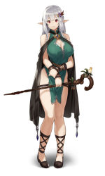  1girl aqua_dress blunt_bangs braid breasts cleavage closed_mouth dress elf fantasy female_focus flats full_body hair_ornament half_updo highres houtengeki large_breasts long_hair looking_at_viewer no_panties original pelvic_curtain pointy_ears red_eyes sidelocks silver_hair simple_background smile solo staff standing white_background  rating:Sensitive score:92 user:danbooru