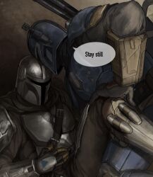  2boys brown_cloak character_request check_copyright cloak commentary copyright_request english_text feet_out_of_frame full_body hand_on_another&#039;s_knee helmet highres male_focus mandalorian_armor mandalorian_helmet multiple_boys on_ground speech_bubble star_wars the_mandalorian tworain_w 